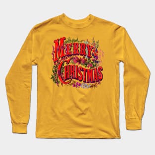 Vintage Style Merry Christmas Holiday Greeting Vector Art Long Sleeve T-Shirt